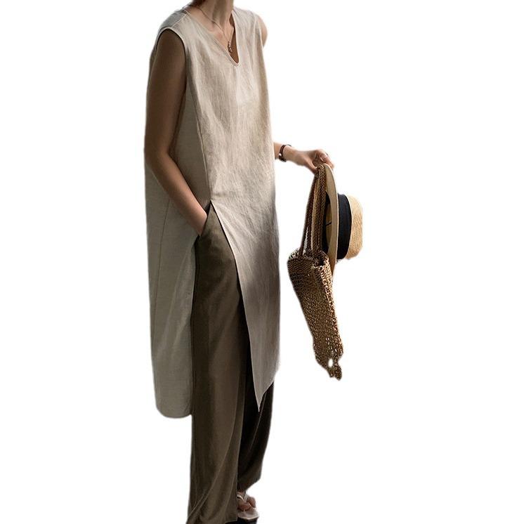 Летнее платье 2025 года без рукавов с V-образным вырезом из льняной хлопковой ткани, длиной ниже колена, для женщин - Однотонное, с простым разрезом