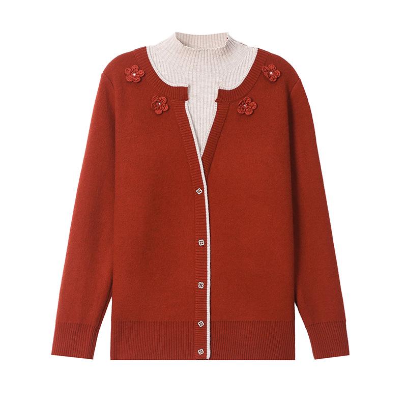 Stylish Faux Two-Piece Velvet Sweater for Middle-Aged & Elderly Women - Warm Knit Base Layer