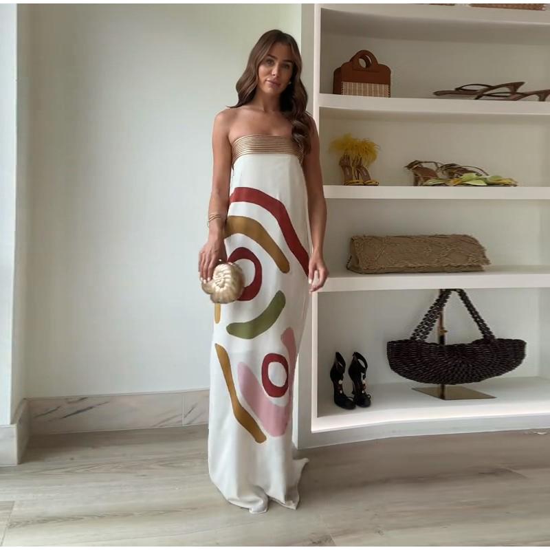 Elegant Slim Sleeveless Patchwork Long Dresses Fashion High Waisted Satin Wrap Hips Dresses Sexy Strapless Print One Piece Dress