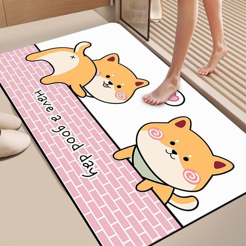 Diatom Mud Bathroom Mat Cartoon Bear Trio Pattern Quick Dry Absorbent Rug Non Slip Toilet Door Mat with “WELCOME HOME” Text