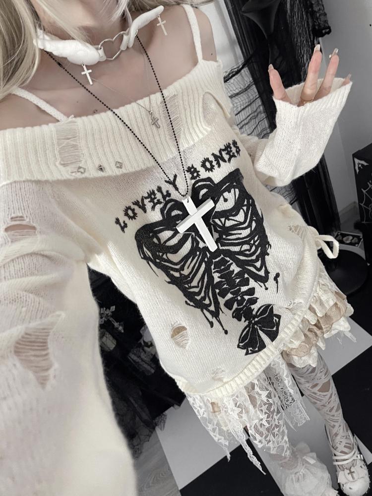 Y2k Harajuku Готические вязаные пуловеры женские японские модные сексуальные топы с открытыми плечами женский корейский свободный повседневный свитер Новинка 2024 года