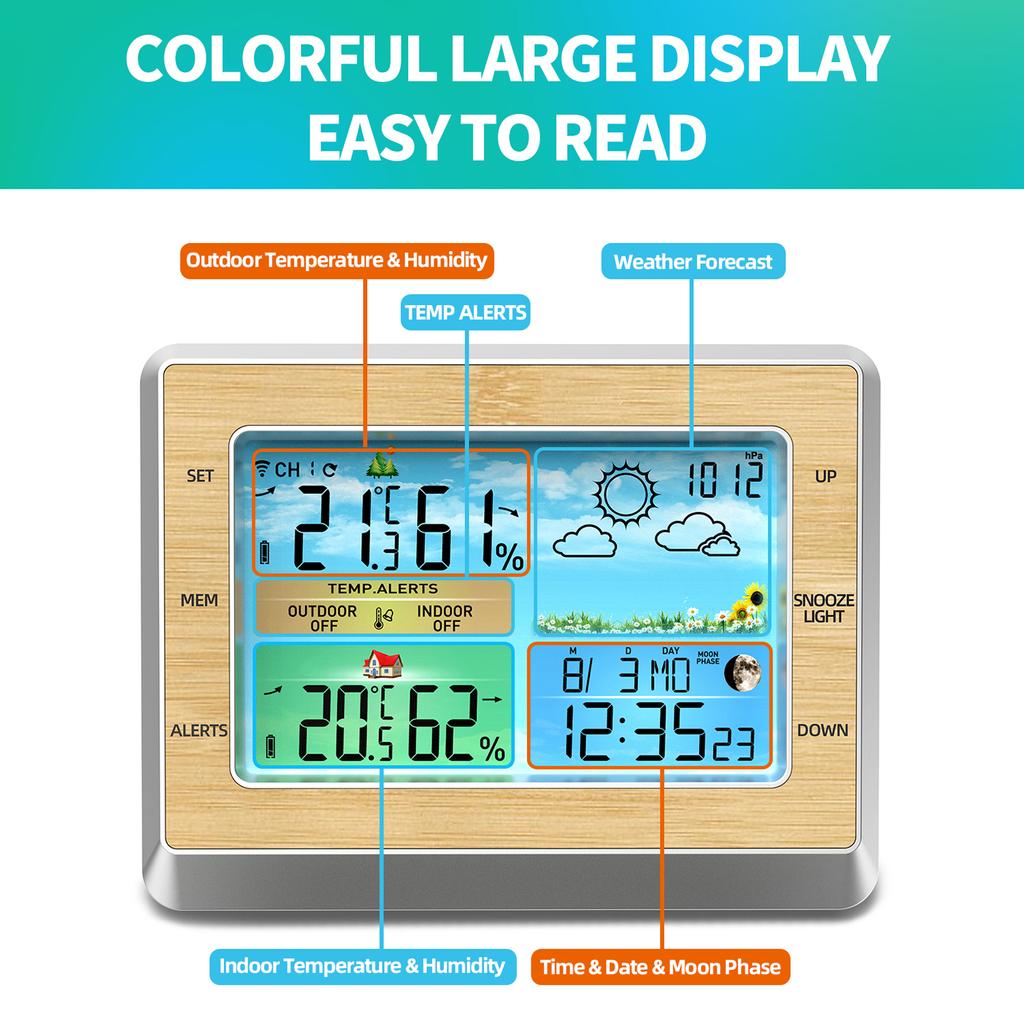 Weather Station Wireless Indoor Outdoor Thermometer 6 Inch Color LED Display Temperature Humidity