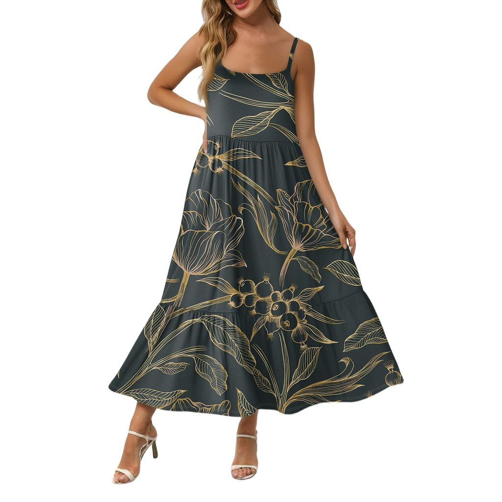 Women's Long Beach Casual Elegant Spaghetti Strap Maxi Dress Stitching Low-key Flowing Bohemian Dress