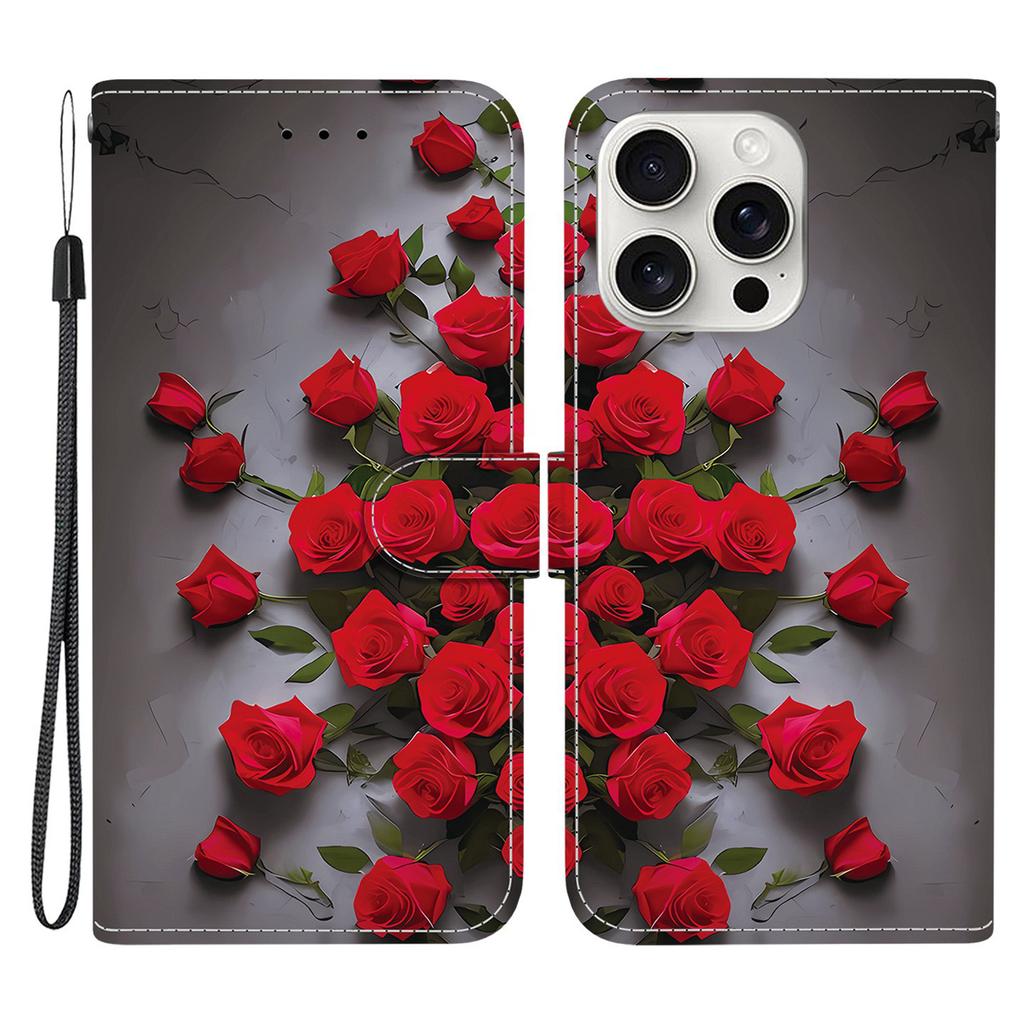 For iPhone 16 Pro Leather Case Stand Wallet Pattern Printing Phone Cover with Wrist Strap