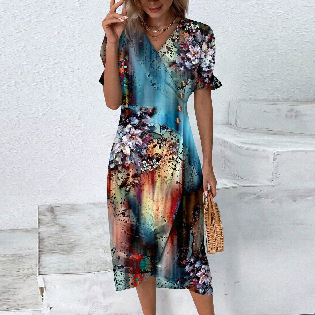 Beach Dresses For Women Spring Summer Elegant Wrap V Neck Floral Boho Dress Flowy Ruched Hawaiian Maxi Dress
