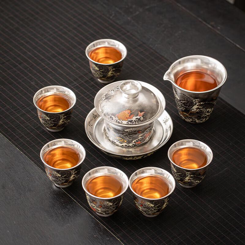 SUSHI CERAMICS Gilt Silver Ink Dragon Sancai Gaiwan Tea Set