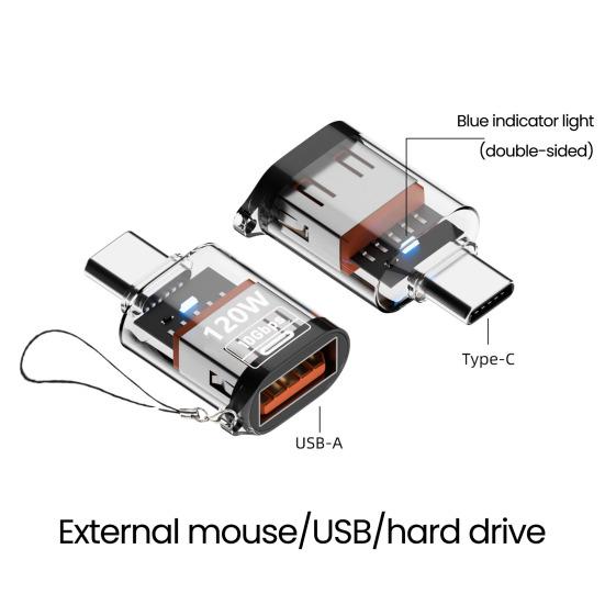 Адаптер Type-C Male to USB A Female 120 Вт USB 3.2 Gen2 адаптер Двусторонний 10 Гбит/с передача данных Прозрачный корпус адаптер