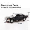 Масштаб 1/36 E-Class W123, черная классическая литая под давлением модель автомобиля, игрушечный автомобиль с открытыми задними дверями для детей, коллекция подарков для мальчиков и девочек