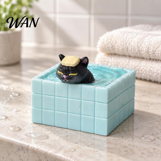 Unique Desktop Ornament for Cat Lovers Cute Bathing Figurine, Mini Kitten in Blue Bathtub Statue, Micro Landscape Small Sculpture Home Fairy