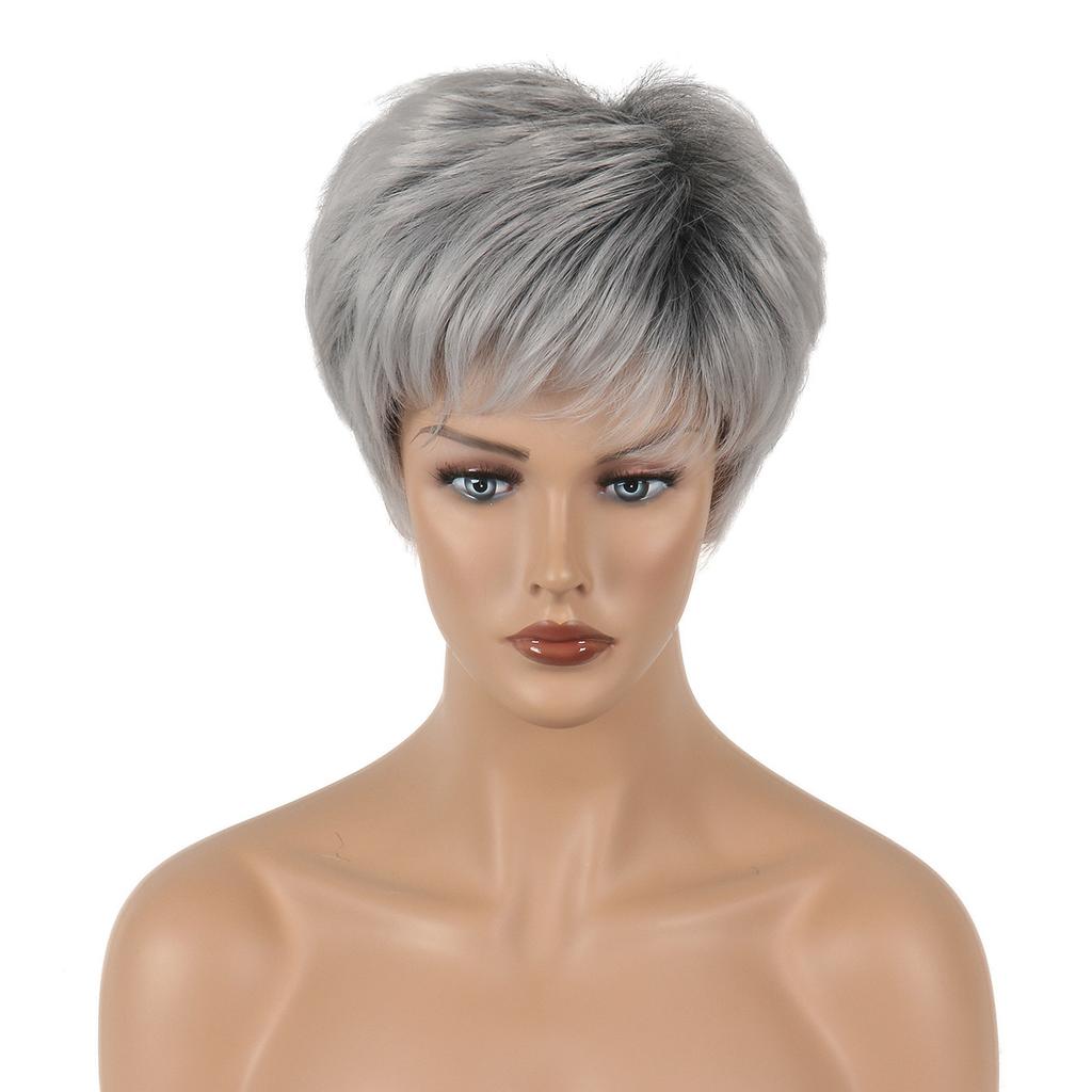 European and American Style Middle Aged Women's Natural Looking Synthetic Fiber Short Straight Gradient Silver Gray Wig