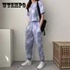 2PCS Women's Casual Suit Summer Korean Version Loose Tie-dye Sportswear Fitness Suit Two-piece Short-sleeved T-shirt Wide-leg Trousers Suit