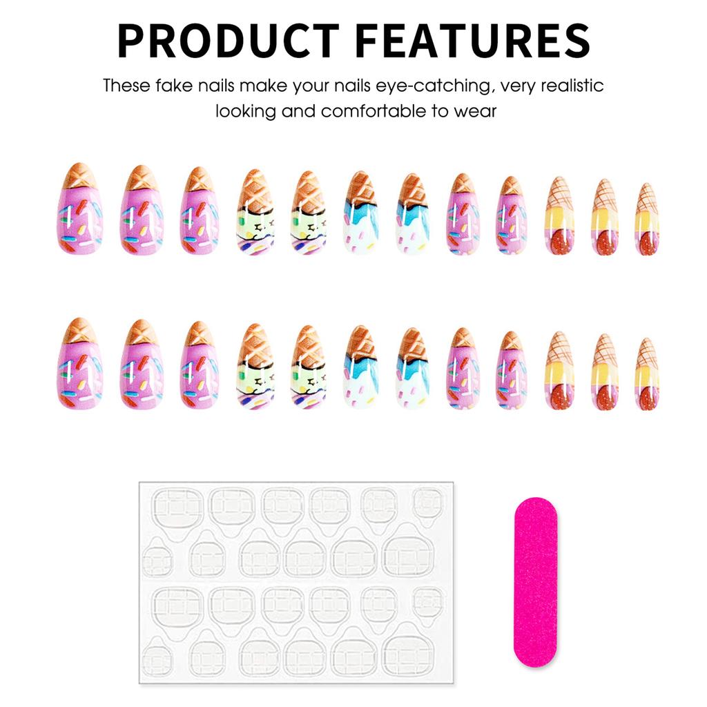 YLW881 Summer Ice Cream Fake Nails 24 Pieces Removable Design for Party and Daily Use