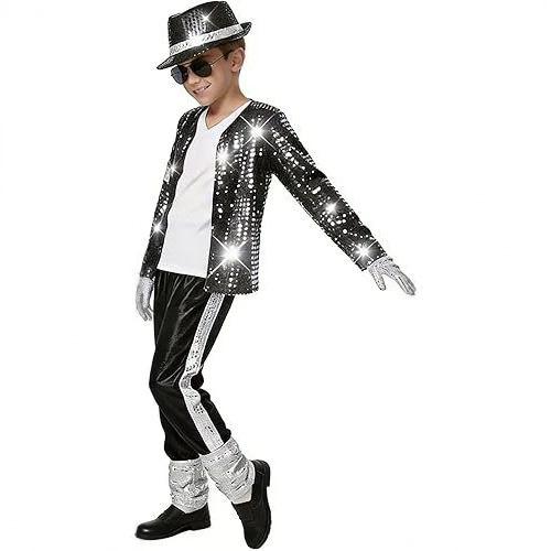 Kids Hip Hop Sequin Stage Costume Set Shiny Jacket Trousers Top Hat Gloves Sunglasses Street Singer Halloween Performance Outfit