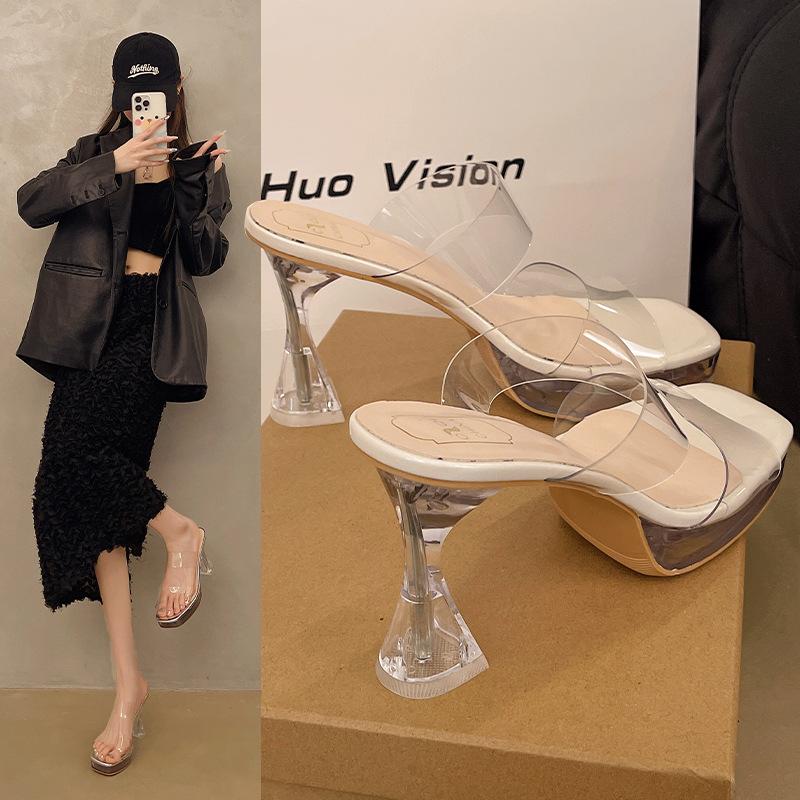 New Transparent Thick-heeled Thick-soled Crystal Casual Simple High-heeled Slippers In Summer 2025