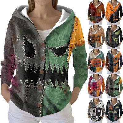 Женский модный повседневный свитер на пуговицах с принтом, кардиган, куртка с капюшоном