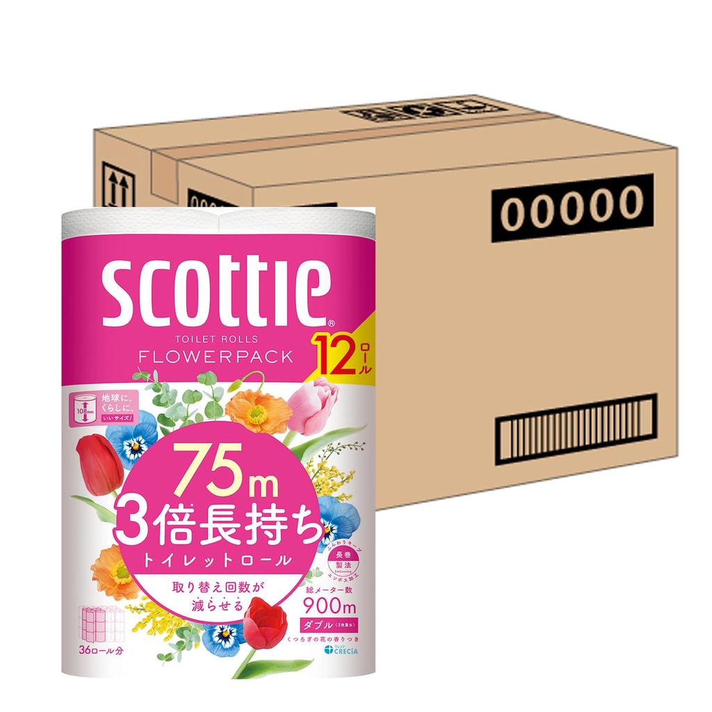 Туалетная бумага Двойная 3 раза дольше держится 75м 48 рулонов Scottie Цветочный Упаковка (Кейс Продукт)