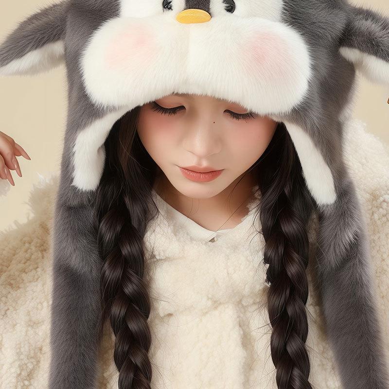 Blue-Gray Penguin Ear Moving Earmuffs, Faux Fur, Windproof, Cold-Proof, Cute Winter Hat for Kids.