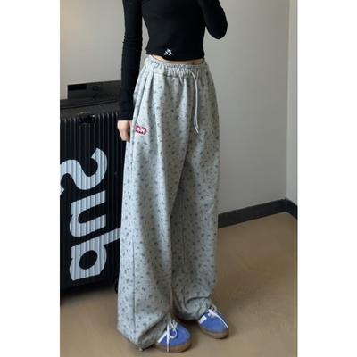 Серые цветочные спортивные штаны для женщин, свободные прямые штаны, новые весенне-осенние повседневные широкие брюки с высокой талией, синель