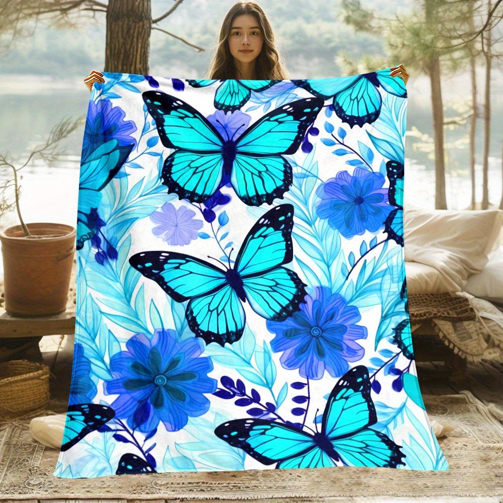 Blue Butterfly Floral Pattern Fleece Blanket Nature Inspired Art Soft Plush Throw for Women Girls Room Decor