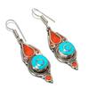 Tibetan Turquoise, Coral Gemstone Handmade Jewelry Earring 2.36" D9w26