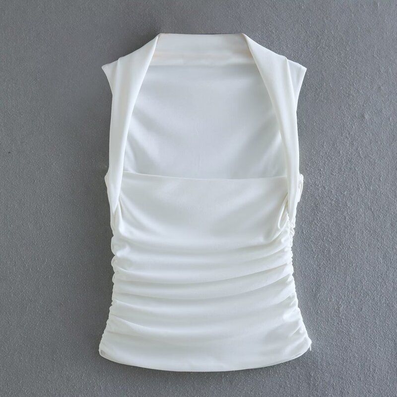 European and American Summer New Women Clothes Neck Collar Sleeveless Slim Fit Short Pleat Knit Vest Top 2694636