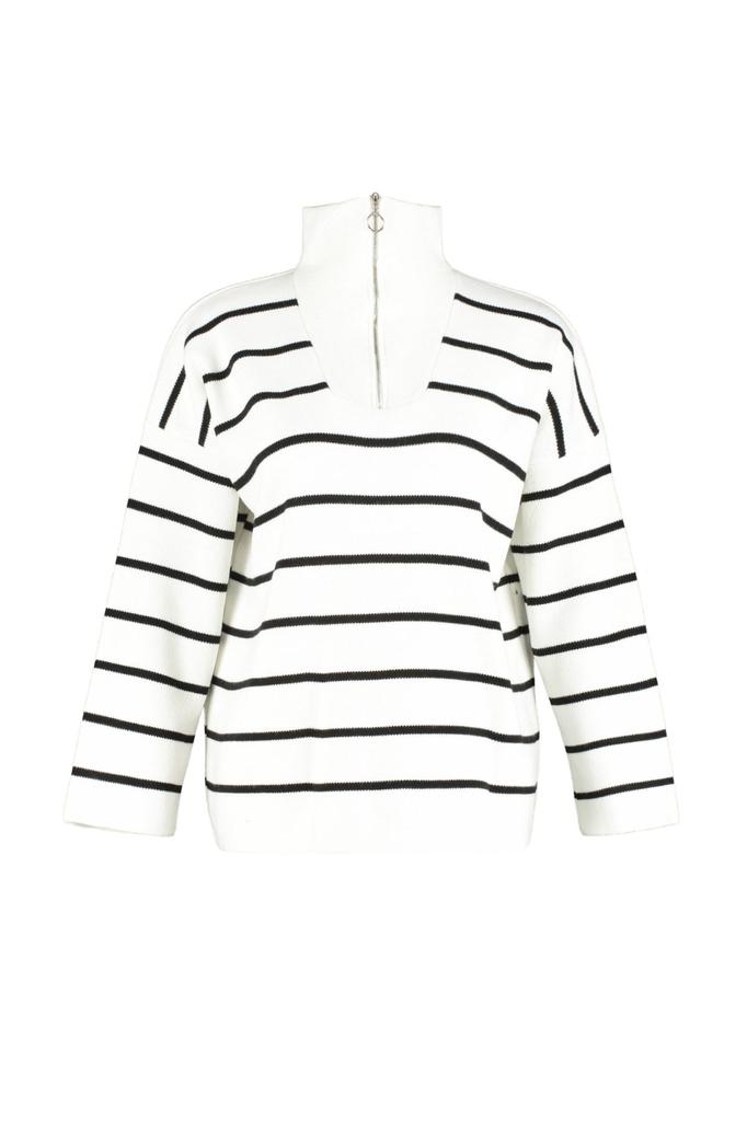 Women's Fashionable Stylish Sweater Navy Blue Wide Fit Zippered Striped Knitwear Sweater