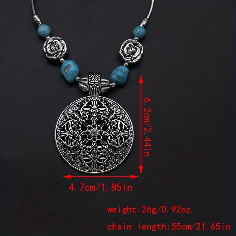 Ретро Богемный Натуральный Бирюзовый Ажурный Резной Кулон Женское Повседневное Досуговое Ожерелье для Отпуска Фестивальный Подарок Ювелирные Изделия AVE