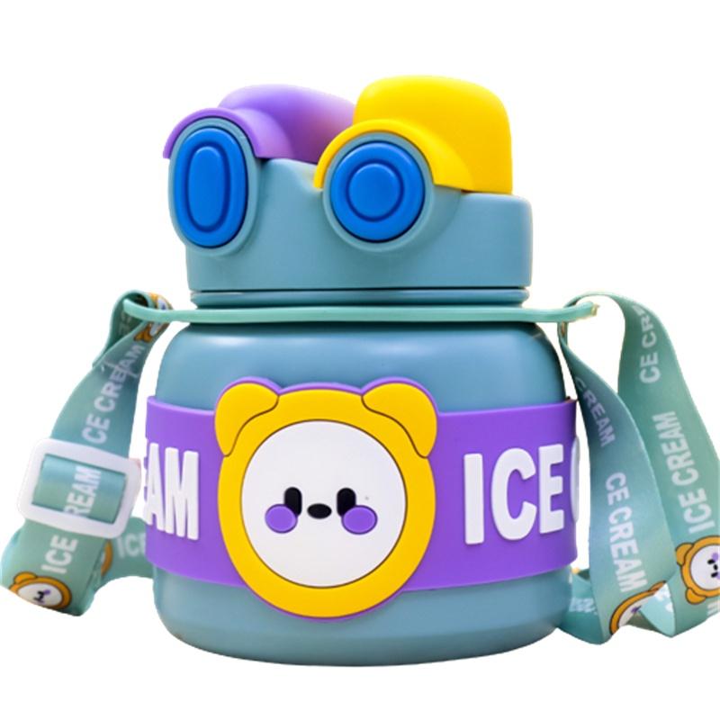 Lingpan Cute Cartoon Double Drinking Straw Big Belly Cup For Girls Outdoor Travel Shoulder Bag Water Bottle Large Capacity 850ml Barrel