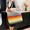 Bohemian Style Strip Weave Bag Beach Handbag Hollow Tote Bag Casual Rainbow Beach Bag  Vacation
