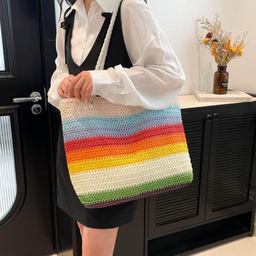 Bohemian Style Strip Weave Bag Beach Handbag Hollow Tote Bag Casual Rainbow Beach Bag Vacation