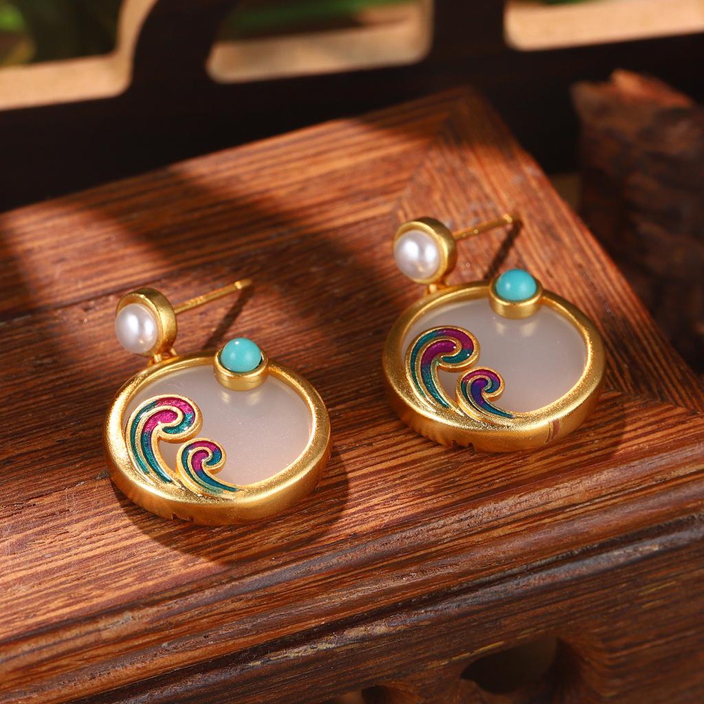 Antique new Chinese style flower fringed pearl earrings Hanfu accessories earrings imitation Hetian jade green agate temperament ear hook