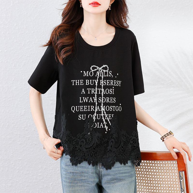 Dimanaf 2025 Новые летние футболки больших размеров с коротким рукавом и круглым вырезом, однотонные свободные черные кружевные топы, футболки