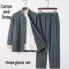 Men's Cotton Linen Three-Piece Tang Suit: Chinese Style Frog Button Hanfu, Retro Lay Buddhist Robe, Tea Attire