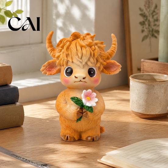 Unique Holiday Presents for Her Highland Cow Holding Flower Statue, Cute Resin Animal Figurine, Small Crafts Desk Farmhouse Sculpture Shelf
