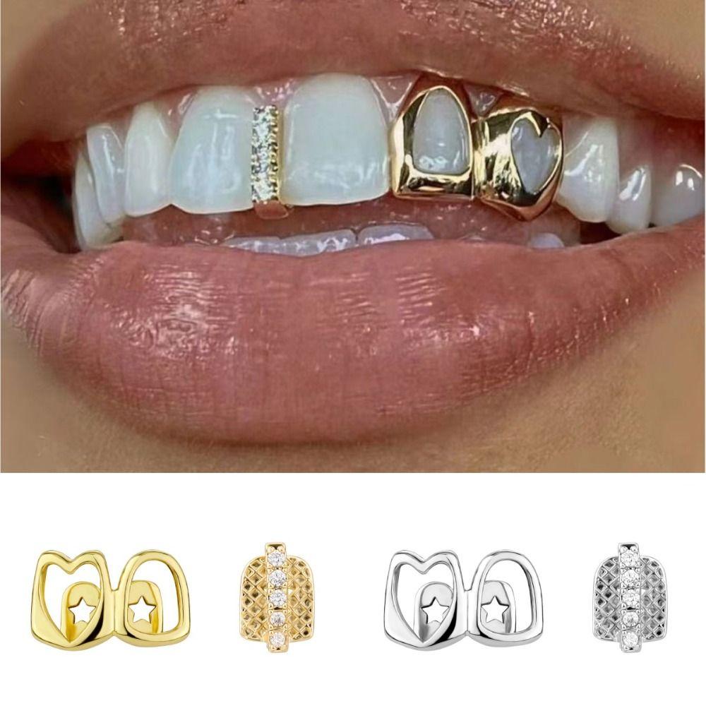1/2pcs Gold Color Hollow Heart Tooth Grillz Rhinestone Dental Grills Party Cosplay