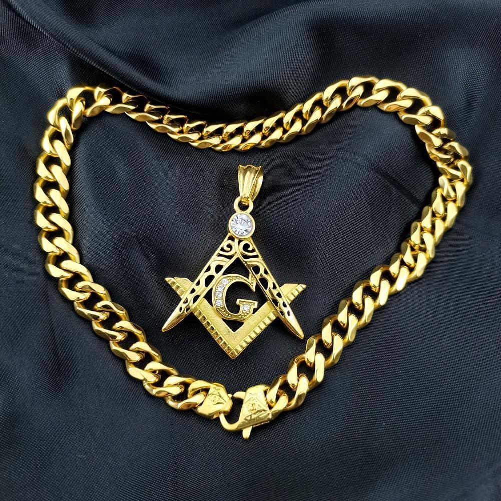 Ожерелье с подвеской из стразов, ширина 11 мм, желтое, мужское, женское, масонство, масонское, масон, нержавеющая сталь