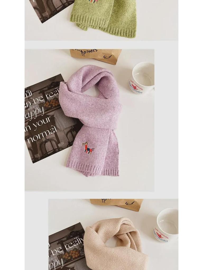 2024 Autumn/Winter Korean Knitted Wool Scarf - Women's Warm, Thick, Embroidered Design