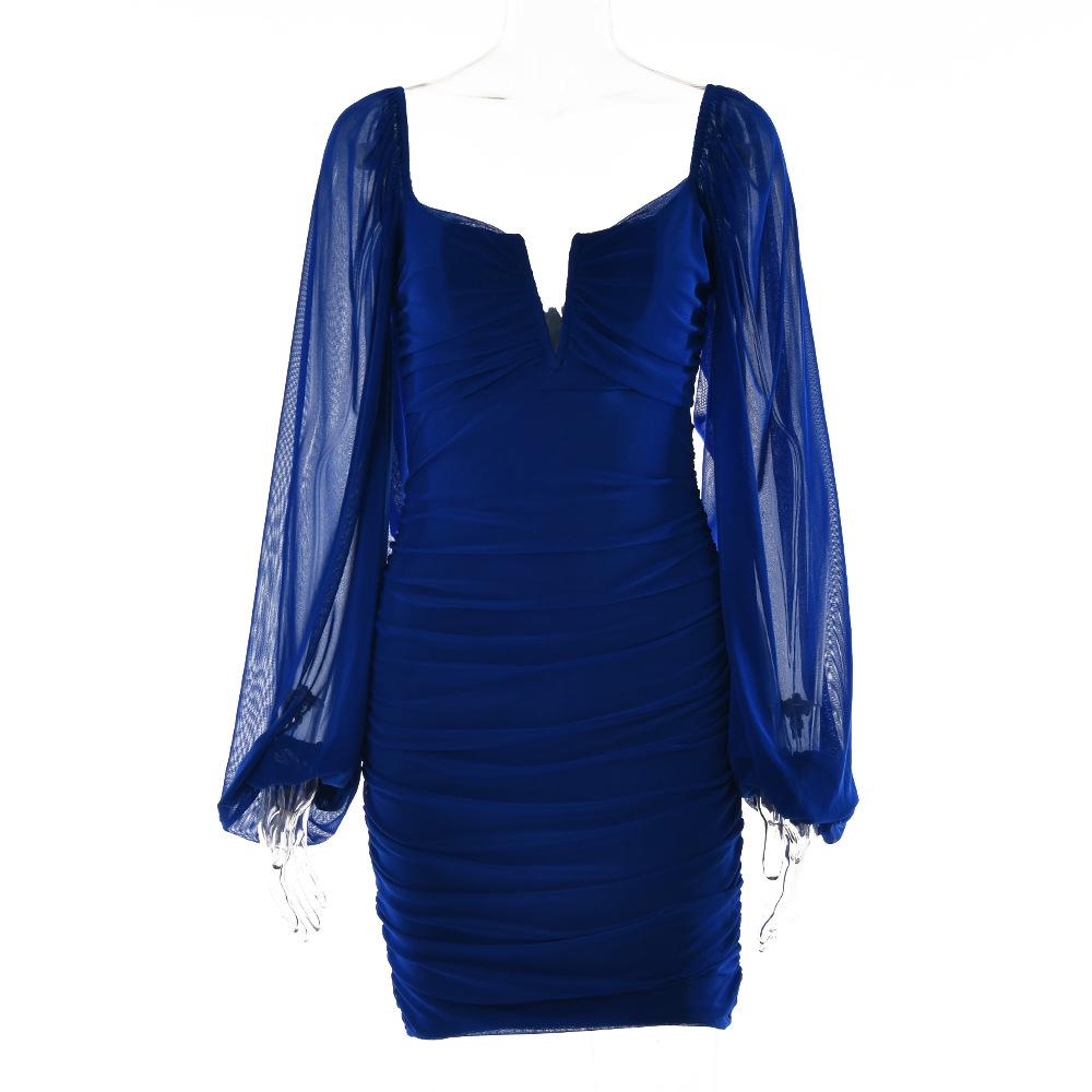 Summer Women's Temperament V-neck Gauze Long Sleeve Backless Short Dresses