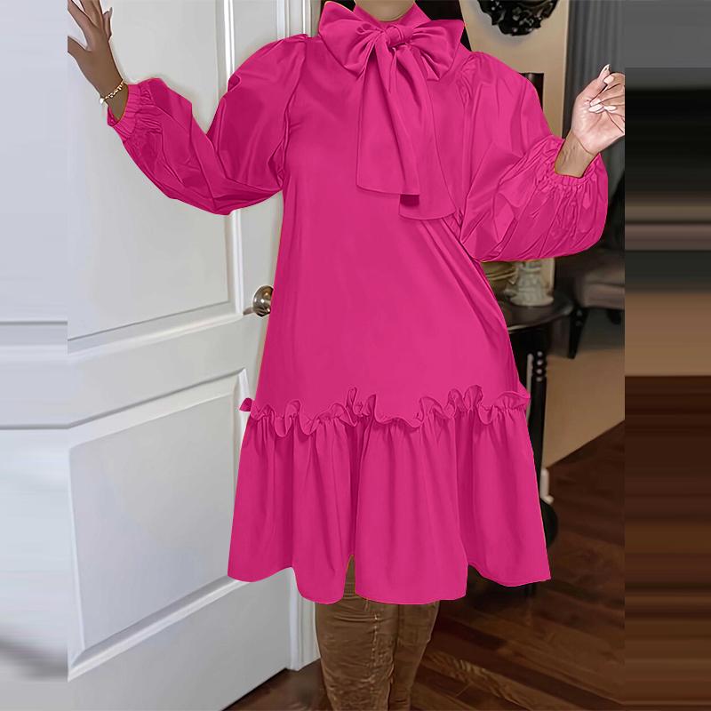 VONDA Женские платья больших размеров с воротником-стойкой и завязками, однотонные, с длинным рукавом