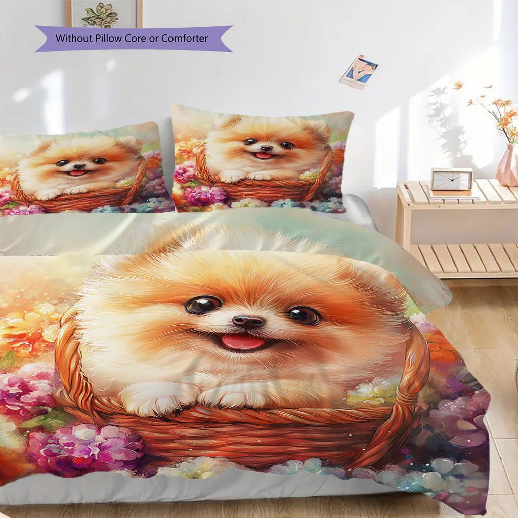 Pomeranian Pattern Bedding Quilt Set Quilt Cover Pillowcase Home Decoration Birthday Gift (1 * duvet cover + 2 * pillowcase, without core)