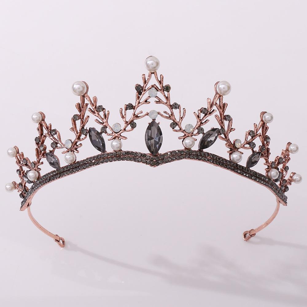 New Retro Rhinestone Bridal Headband Baroque Black Crown Pearl Inlaid Diamond Crown Tiara
