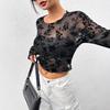 Women's Black Sexy Mesh Round Neck Long Sleeve T-Shirt