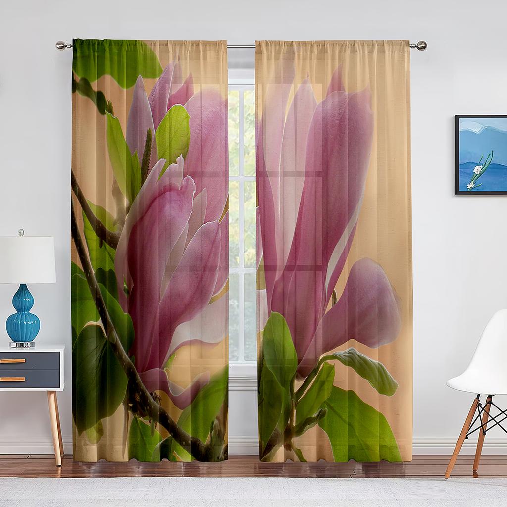 Pink Magnolia Spring Flowers Sheer Curtains for Living Room Bedroom Kitchen Hotel Decoration Chiffon Tulle Voile Window Curtain