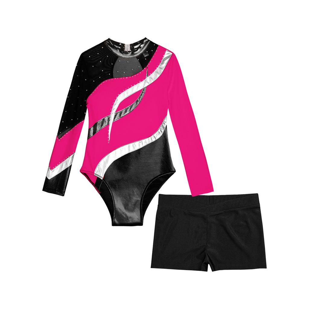 Kids Girls Gymnastics Leotard Glitter Bodysuit Long Sleeve Shiny Rhinestones Decorated Jersey with Shorts Dance Costume