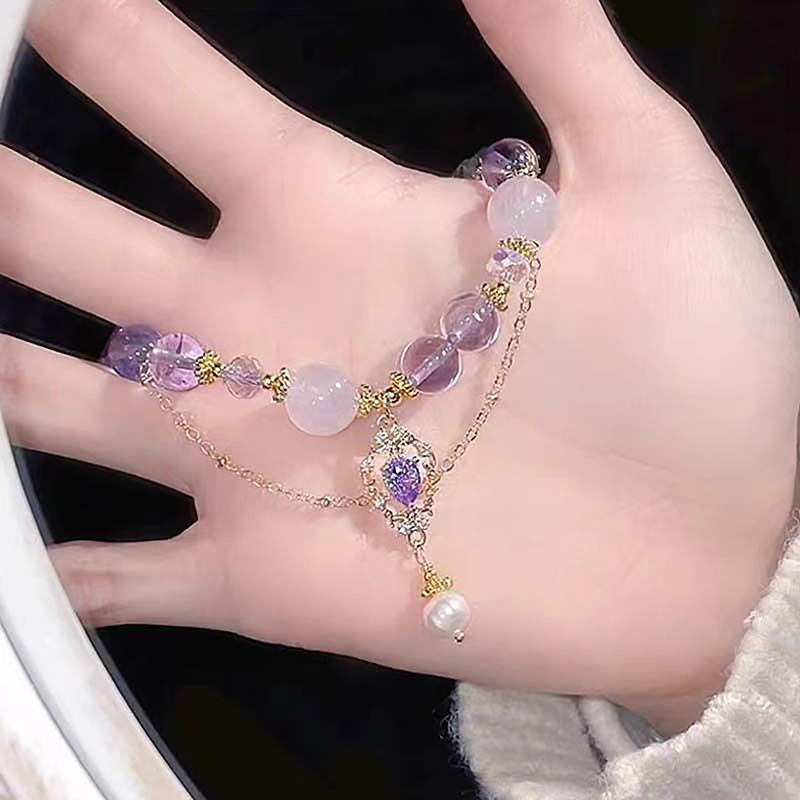 Chinese Style Light Luxury Purple Glass Beaded Bracelets For Women Tassel Pendant Bracelet Sweet All-Match Wrist Jewelry