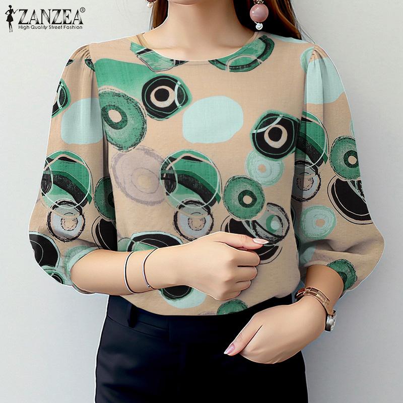 ZANZEA Women Casual Round Neck 3/4 Sleeve Loose Print Blouse