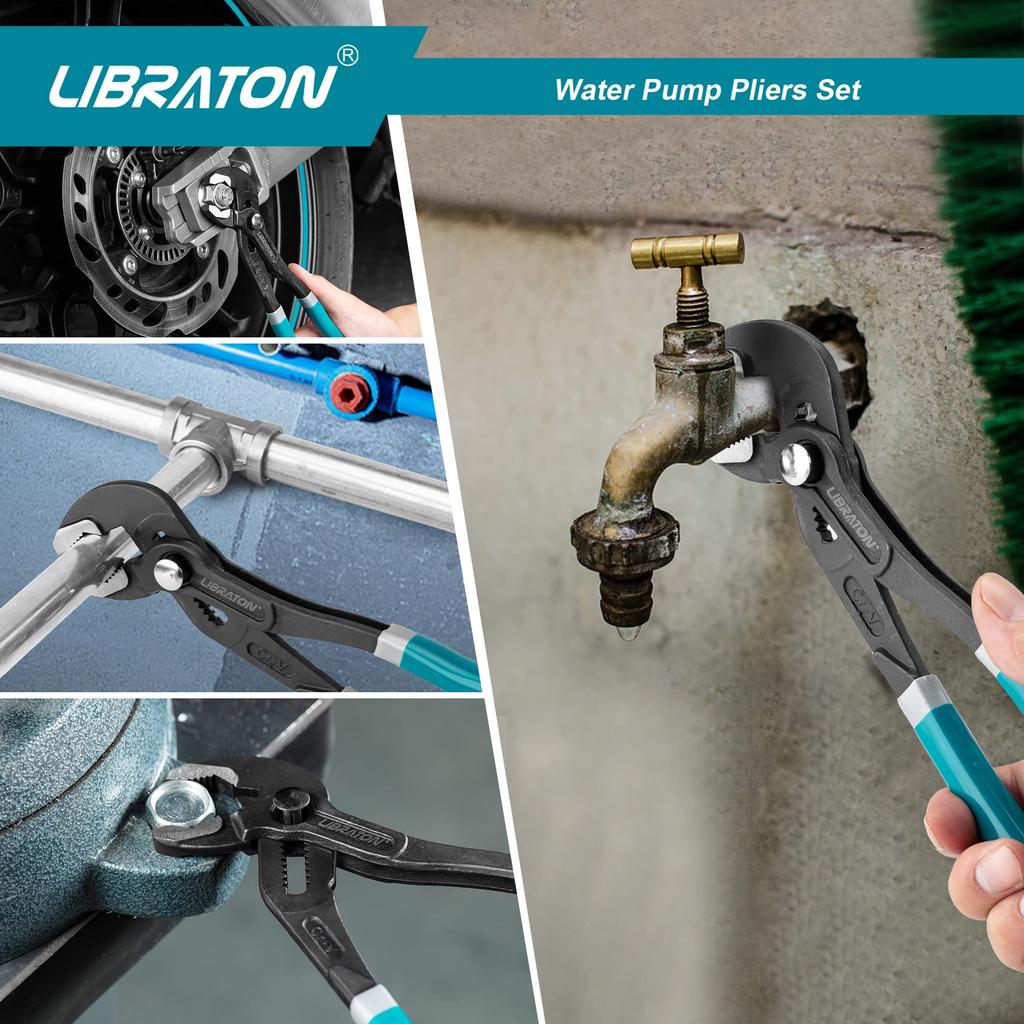 LIBRATON Water Pump Pliers Set of 3 175 240 300mm Steel Plier Wrench Plumbing Tool with Case CR-V
