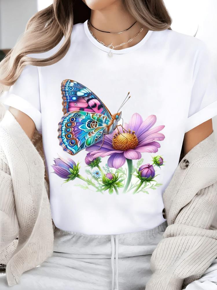 (Asian Size) Print Short Sleeve T-shirts Flower Style 90s Fashion O-neck Female Casual Women's Top T Clothing Graphic Tee