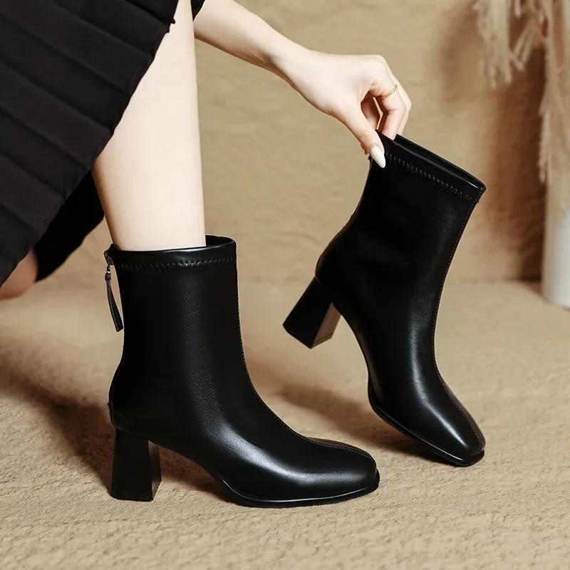 Осень и Зима Новые Полусапоги Квадратный Носок Толстый Каблук Тонкие Сапоги Коричневые Французские Ботильоны