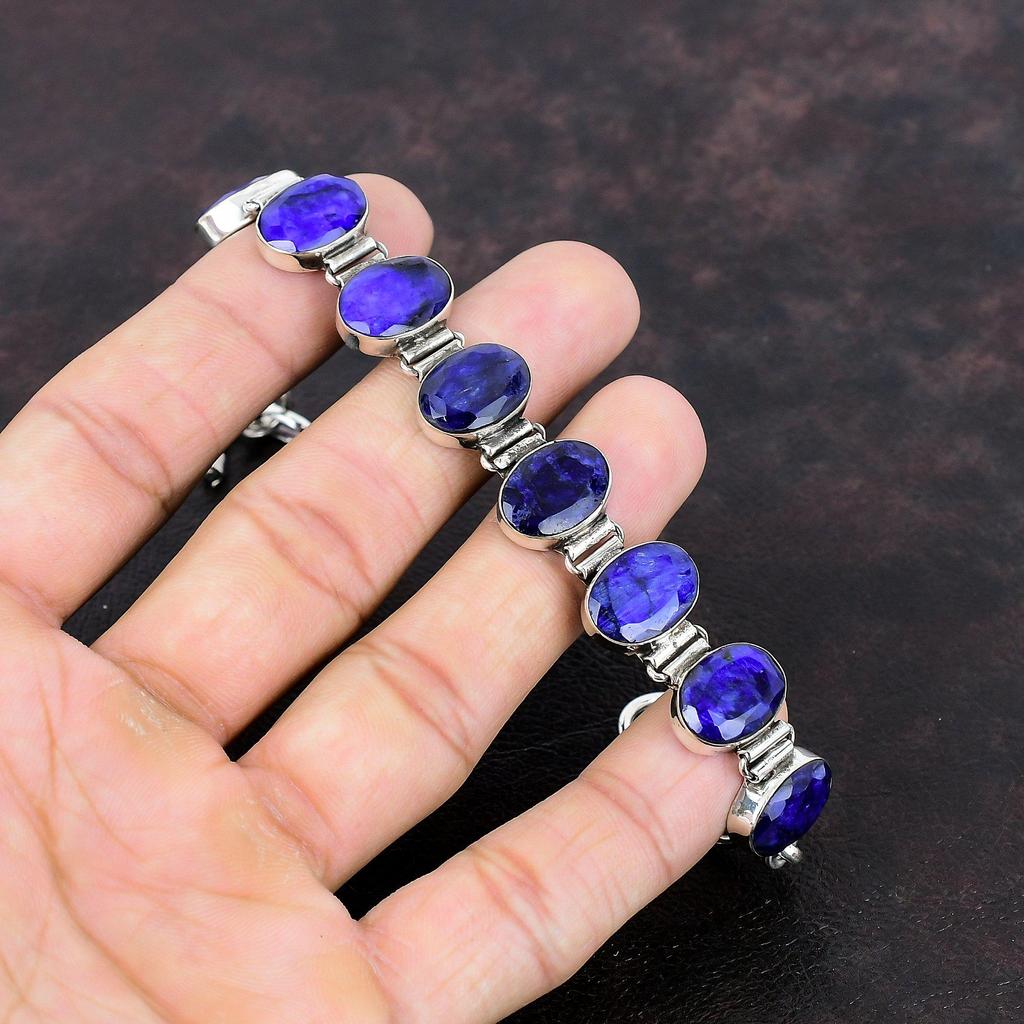 Браслет с граненым синим сапфиром. Изысканные ювелирные изделия. Браслет из стерлингового серебра 925 пробы. Драгоценный камень. Ювелирные изделия ручной работы. Регулируемый браслет-цепочка. Подарок для жены.